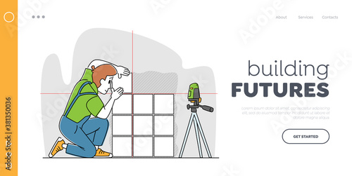 Tiles Laying Service Landing Page Template. Male Worker with Laser Level Tool Fitting Tile Pieces on Wall. House Work