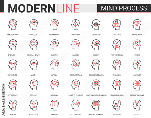 Mind process flat line icon vector illustration set. Red black thin linear symbols for mobile app website with human head in brainstorm processing, mental health problem, cogwheel inside brain concept