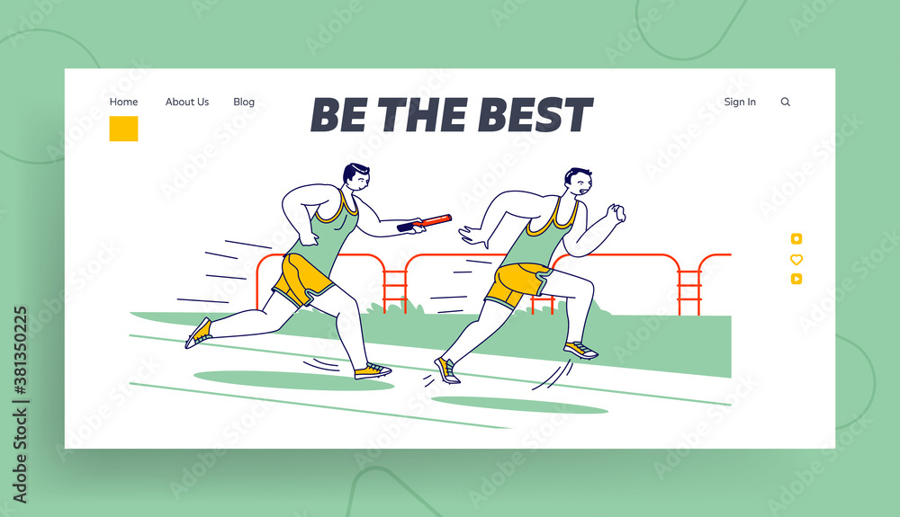Fototapeta premium Male Characters Running Relay Race on Stadium Landing Page Template. Sportsmen Overcome Distance in Raw with Baton