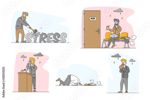 Set of Male Characters with Panic Attack in Public Place. Psychology, Solitude, Fear, Mental Health Problem, Depression
