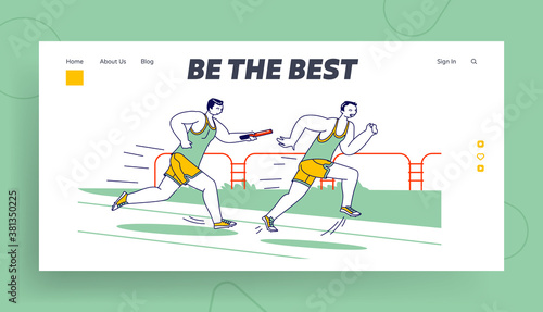 Male Characters Running Relay Race on Stadium Landing Page Template. Sportsmen Overcome Distance in Raw with Baton