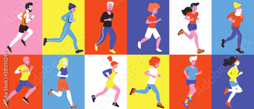 Running diverse group of young and elderly men and women. Marathon race group. Jogging people. Flat color trends vector illustration.