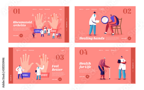 Rheumatoid Arthritis Landing Page Template Set. Tiny Doctor Characters Examine Huge with Joints Disease, Arms Treatment