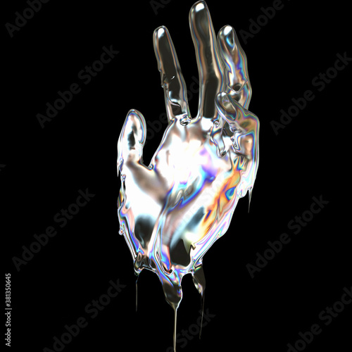 Naklejka 3d Art holographic abstract futuristic design idea. Hand gesture liquid metallic texture isolated on a black background 3d rendering concept.