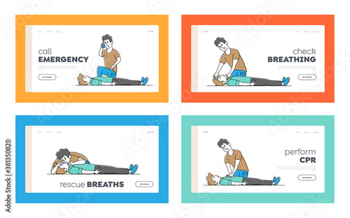 Cardiopulmonary Resuscitation Landing Page Template Set. Character Perform First Aid to Victim. Emergency Call, CPR