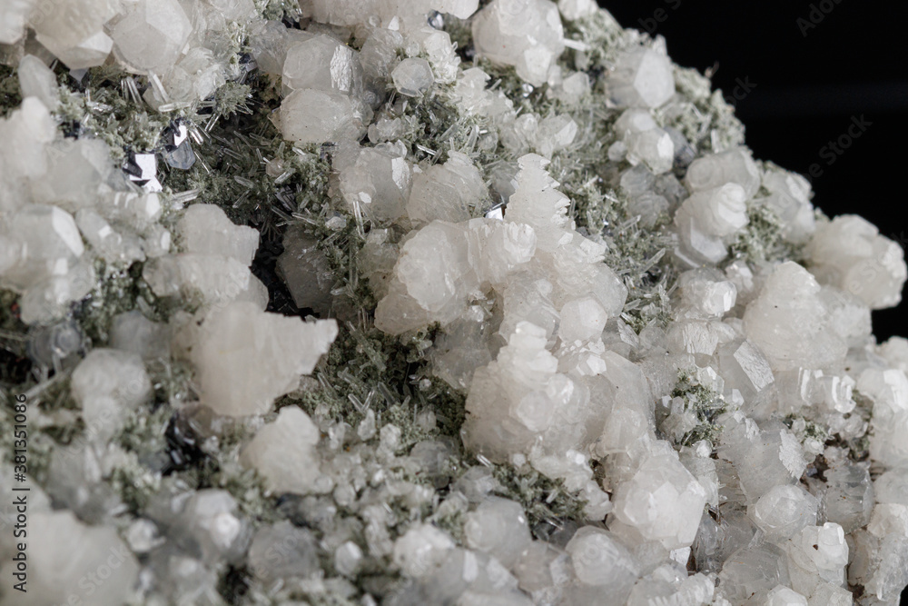 macro stone mineral Quartz Calcite Sphalerite Galena on a black background macro stone mineral Quartz Calcite Sphalerite Galena on a black background
