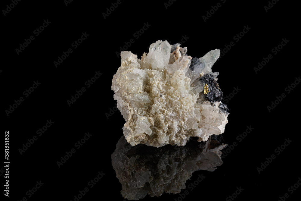 macro stone mineral Calcite Galena pyrite on a black background macro stone mineral Calcite Galena pyrite on a black background