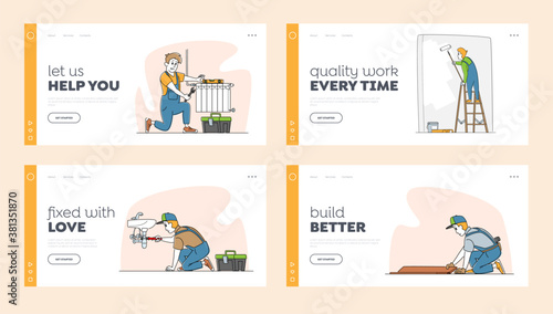 Handyman Service Landing Page Template Set. Male Characters Painting Wall, Install Heating System Pipes, Fixing Leakage
