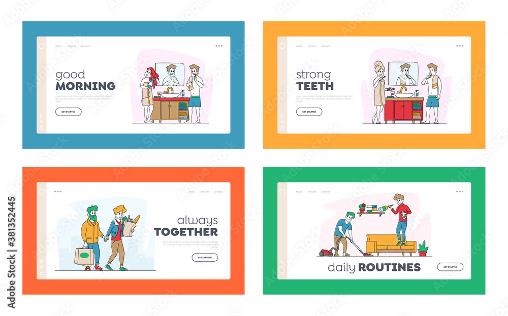 Happy Couple Characters Everyday Routine Matters Landing Page Template Set. Man and Woman Shopping at Grocery Together Happy Couple Characters Everyday Routine Matters Landing Page Template Set. Man and Woman Shopping at Grocery Together