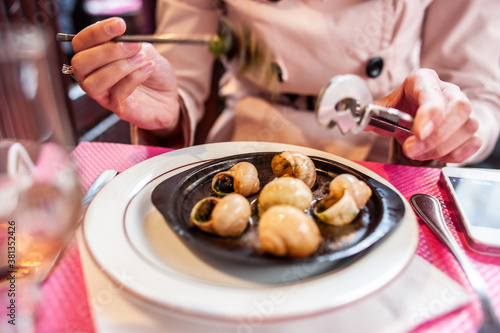 Snails with garlic sauce in a gourmet French restaurant