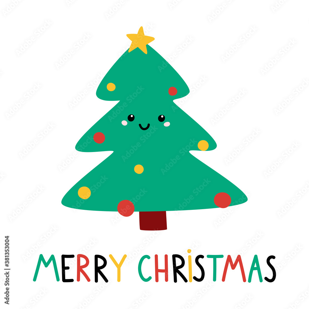 Naklejka premium Cute cartoon Christmas tree with lettering Merry Christmas. Christmas greeting card. Vector flat illustration. Christmas illustration. Holiday poster with cartoon character. 