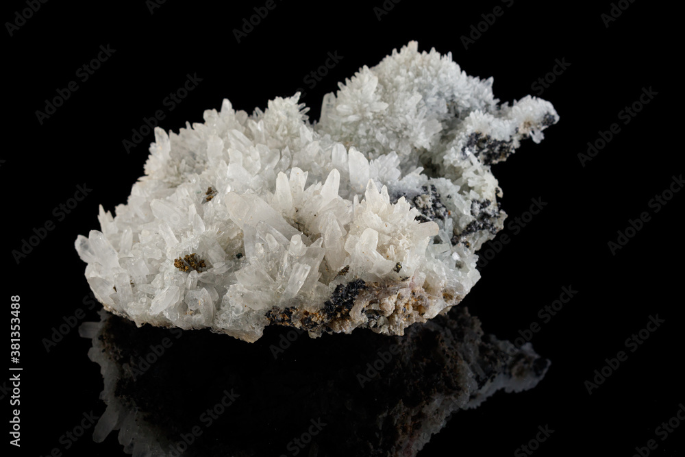 macro mineral stone Quartz Pyrite on a black background macro mineral stone Quartz Pyrite on a black background