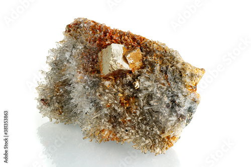macro mineral stone Quartz Pyrite on a white background