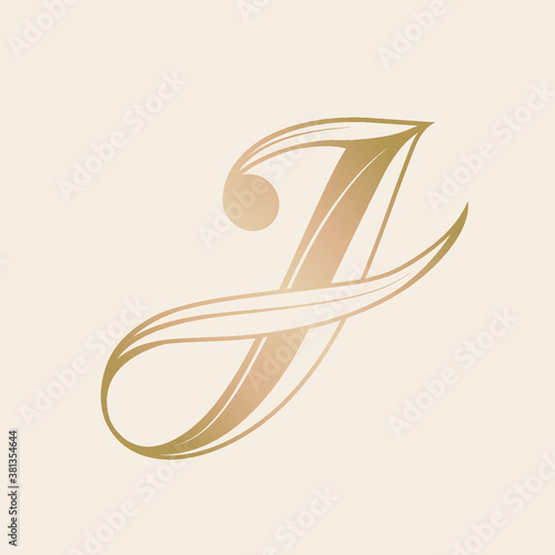 Letter J logo.Calligraphic golden icon isolated on light background.Hand drawn typographic shape with uppercase lettering.Alphabet initial with organic decorations.Ornate, luxury style character.