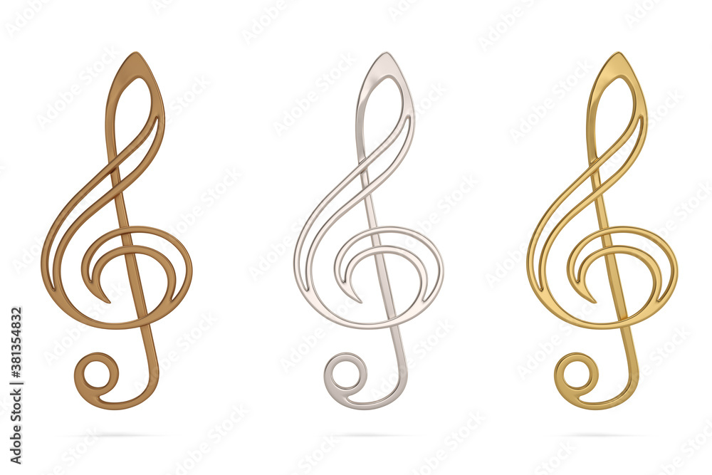 Gold, silver and bronze music note Isolated On White Background, 3D render. 3D illustration. Gold, silver and bronze music note Isolated On White Background, 3D render. 3D illustration.