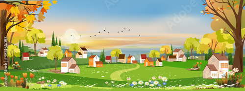 Spring landscape in Sunny day village with meadow on hills with blue sky, Panoramic countryside of green field with farmhouse, barn and grass flowers,Vector Summer or Spring nature background