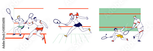 Set of Male and Female Characters Playing Squash Sport Game. People Training or Competition Activity, Healthy Lifestyle