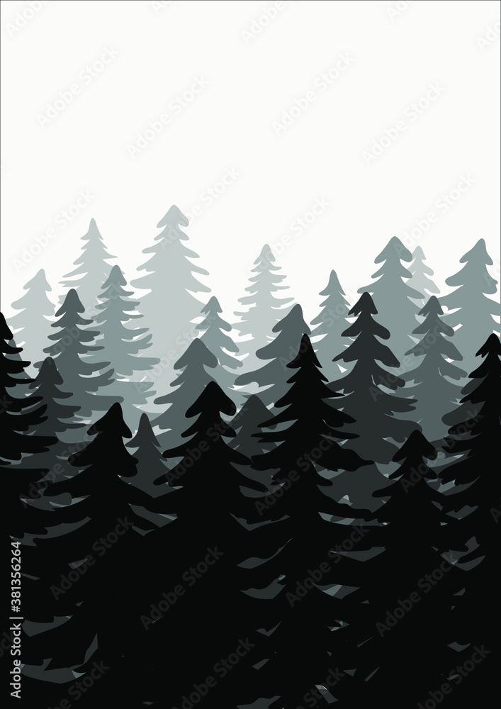 Obraz premium Landscape with fir trees. Vector monochrome background with silhouette of coniferous spruce forest. Evergreen coniferous trees. Spruce, christmas tree. Hand drawn forest fir trees silhouettes