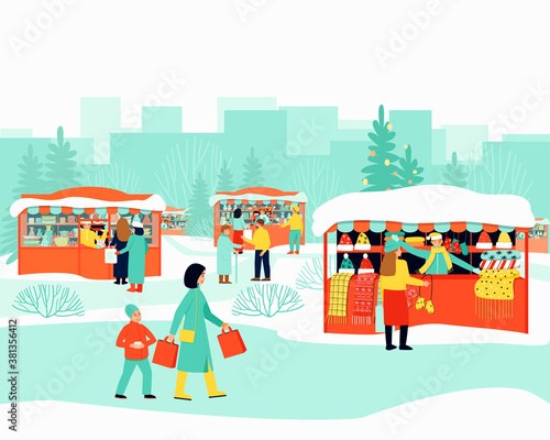 Merry winter market. Illustration for shopping lifestyle design. The seller at the stall serves buyers. Winter season. Flat cartoon colorful vector illustration.