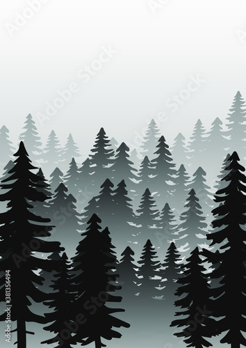 Landscape with fir trees. Vector monochrome background with silhouette of coniferous spruce forest.  Evergreen coniferous trees. Spruce  christmas tree. Hand drawn forest fir trees silhouettes