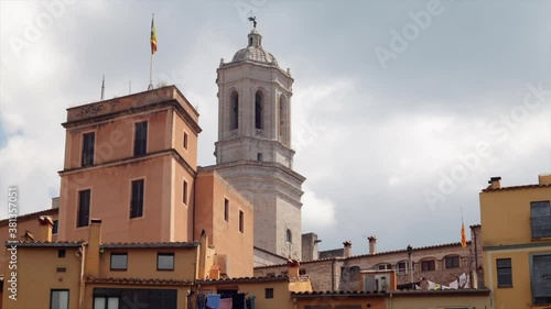 Landscape of Girona Cathedral in a cloudy day. Time lapse mode. Spain.