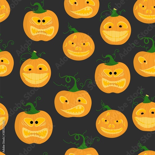 Seamless pattern on with scary faces and pumpkins. Background for Halloween. All Saints Day treat.