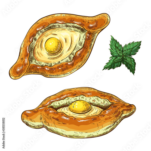traditional boat pie with cheese and egg hand drawn isolated on white. Ajarian or georgian khachapuri color drawing. bakery vector sketch in vintage engraved style. rustic pastry illustration.