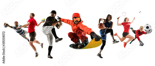 Fototapeta Naklejka Na Ścianę i Meble -  Collage of different professional sportsmen, fit men and women in action and motion isolated on white background. Made of 7 models. Concept of sport, achievements, competition, championship.