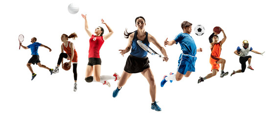 Collage of different professional sportsmen, fit men and women in action and motion isolated on white background. Made of 5 models. Concept of sport, achievements, competition, championship.