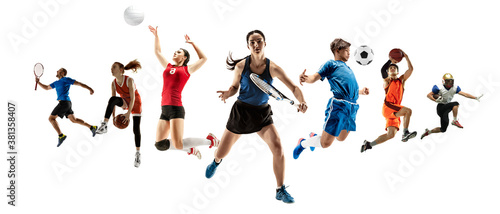 Collage of different professional sportsmen, fit men and women in action and motion isolated on white background. Made of 5 models. Concept of sport, achievements, competition, championship. © master1305