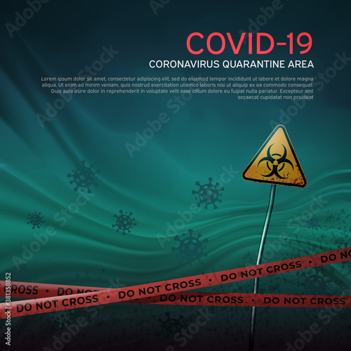 Layout of the quarantine area of coronavirus epidemic covid-19. Pandemic covid-19. Epidemic barrage lines. Coronavirus quarantine warning tapes and biohazard sign. Vector grunge template