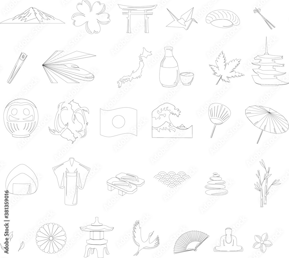 Japanese traditional symbols illustration vector set, bundle of national signs of Japan for menu, national culture illustration, for travel and web graphic design.