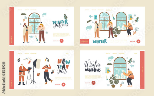 Christmas Holidays, Photo Session Landing Page Template Set. Characters Enjoying Winter Window View and Frost Ornament