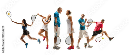 Collage of different professional sportsmen, fit men and women in action and motion isolated on white background. Made of 4 models. Concept of sport, achievements, competition, championship.