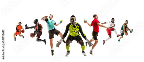 Collage of different professional sportsmen  fit men and women in action and motion isolated on white background. Made of 7 models. Concept of sport  achievements  competition  championship.