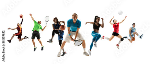 Fototapeta Naklejka Na Ścianę i Meble -  Collage of different professional sportsmen, fit men and women in action and motion isolated on white background. Made of 7 models. Concept of sport, achievements, competition, championship.