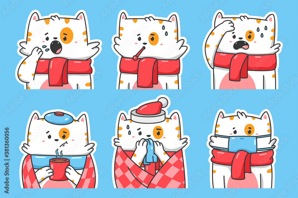 Fototapeta premium Illness vector concept illustration with cute cat. Sick pet cartoon characters set isolated on background.