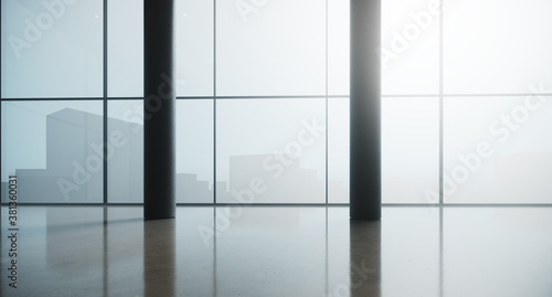 3d render of an empty open space interior with panoramic windows and a concrete reflective floor. Modern office on a high floor in skyscraper. Megalopolis silhouette on background. Horizontal mockup.
