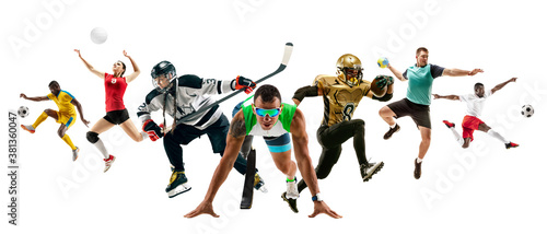 Collage of different professional sportsmen, fit men and women in action and motion isolated on white background. Made of 7 models. Concept of sport, achievements, competition, championship. © master1305