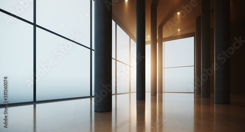 Fotografi Photo of empty open space with columns and panoramic windows on a high floor in a skyscraper