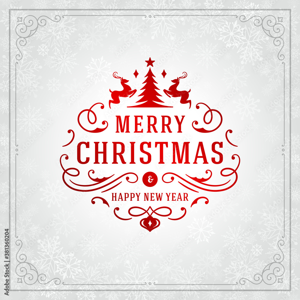 Merry Christmas and new year greeting card design and light with snowflakes.