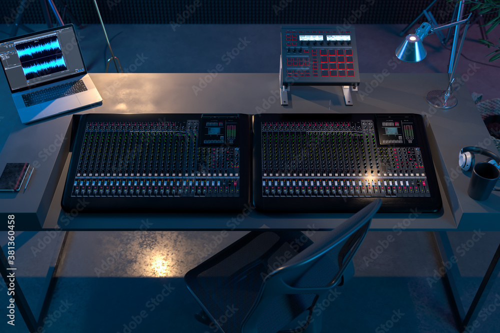Studio Computer Music Station Set Up. Professional Audio Mixing Console ...