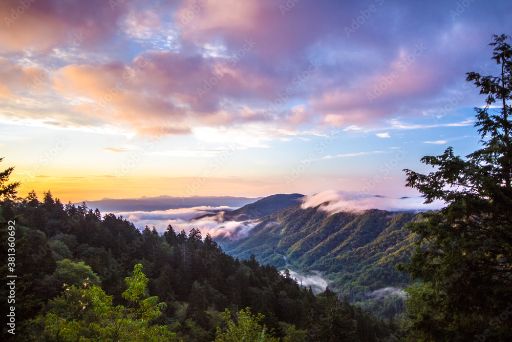 Smoky Mountain sunrise landscape near Gatlinburg, Tennessee. 