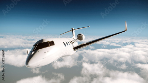 Realistic 3d render of a white, luxury generic design private jet flying over the clouds.Commercial private business jet in flight over a cloud covered background. Business travel concept. Horizontal