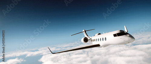 realistic 3d render. white, luxury generic design of a private jet flying above the clouds. Modern airplane and empty blue sky on background. Business travel concept. Horizontal.