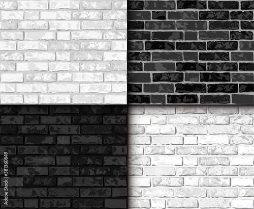Vector Realistic black and white brick wall seamless pattern set. Flat wall repeat texture. Gray, white, black textured brick backgrounds for print, paper, design, decor, photo background