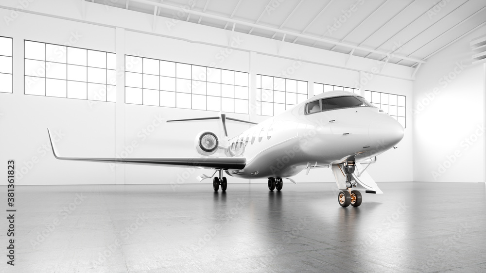Business private jet parked at white maintenance hangar and ready for take off. Luxury tourism and business travel transportation concept. White airplane with golden elements. 3d rendering Business private jet parked at white maintenance hangar and ready for take off. Luxury tourism and business travel transportation concept. White airplane with golden elements. 3d rendering