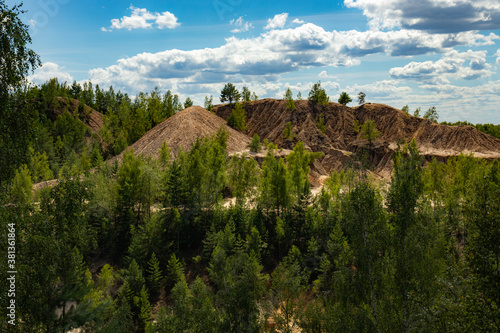 Reclaimed abandoned sand and clay quarry. Many trees have grown on the sandy slopes. Beautiful sunny summer landscape. © Squirrel Zeta