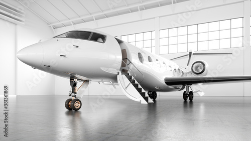 White business private jet airplane parked at maintenance hangar with big windows and ready for take off. Luxury tourism and business travel transportation concept. First class. 3d rendering