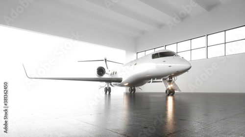 A luxury white private business jet is parked in airy hangar. The plane is preparing for departure and waiting for the vip passengers for an international flight. Horizontal mockup, flare. 3d render.